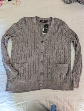 NWT Lauren Ralph Lauren Metallic Cable Knit Cardigan Sweater Silver Large